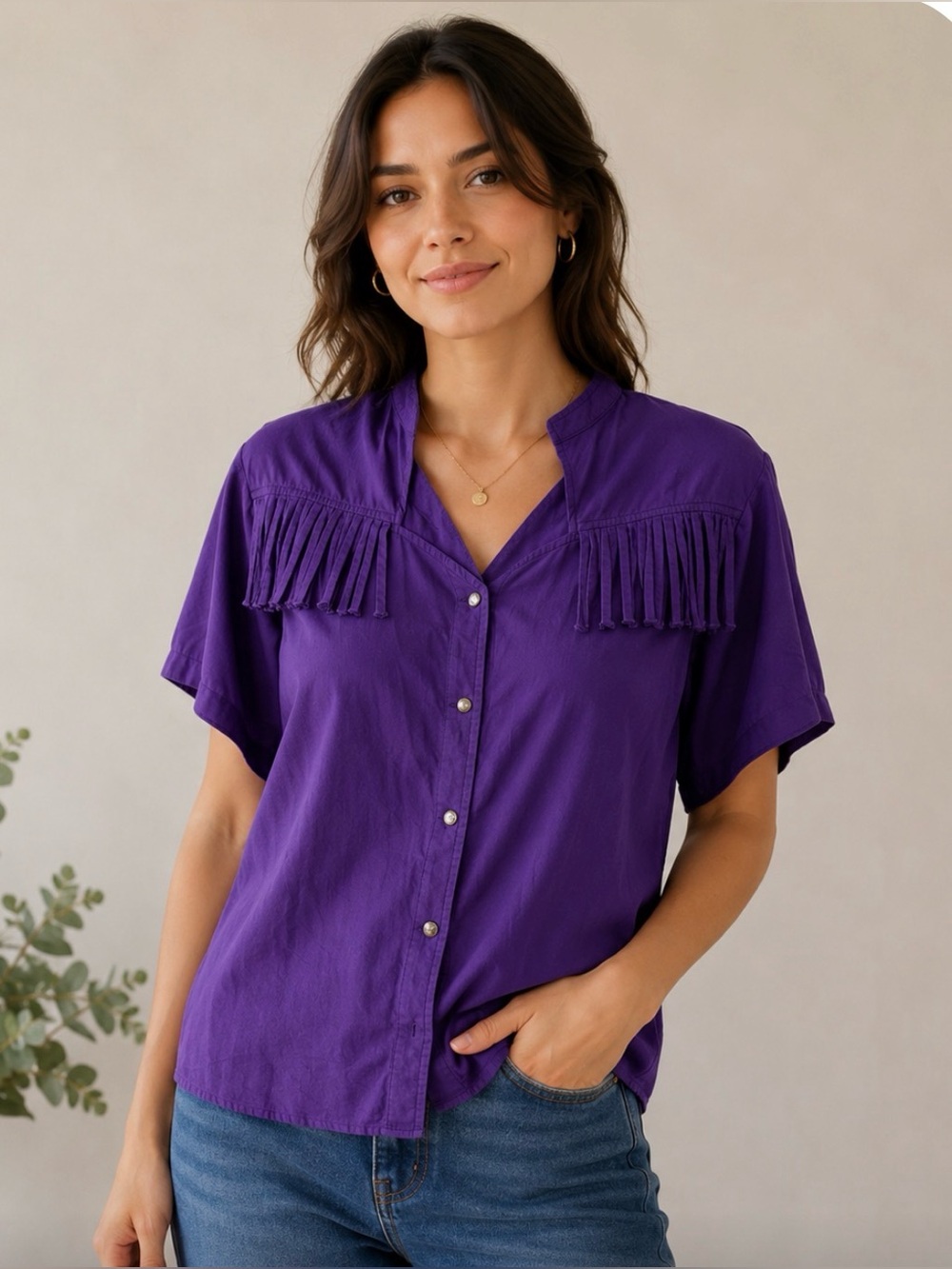 ROPER Purple Fringe Button-Down Cotton Short Sleeve Shirt